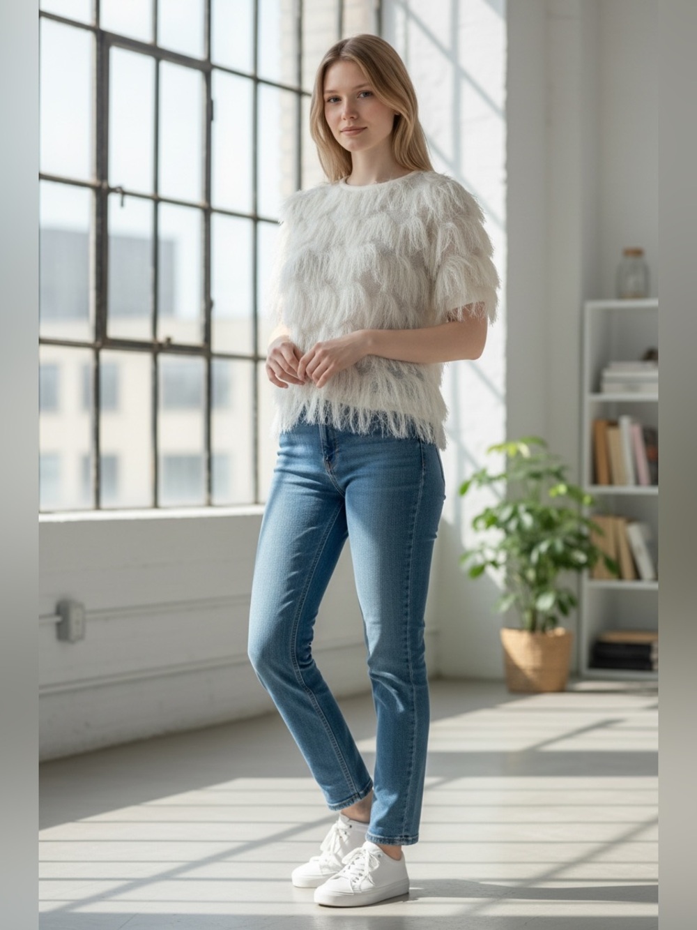 Hayden Ivory Feather-Texture Short Sleeve Top